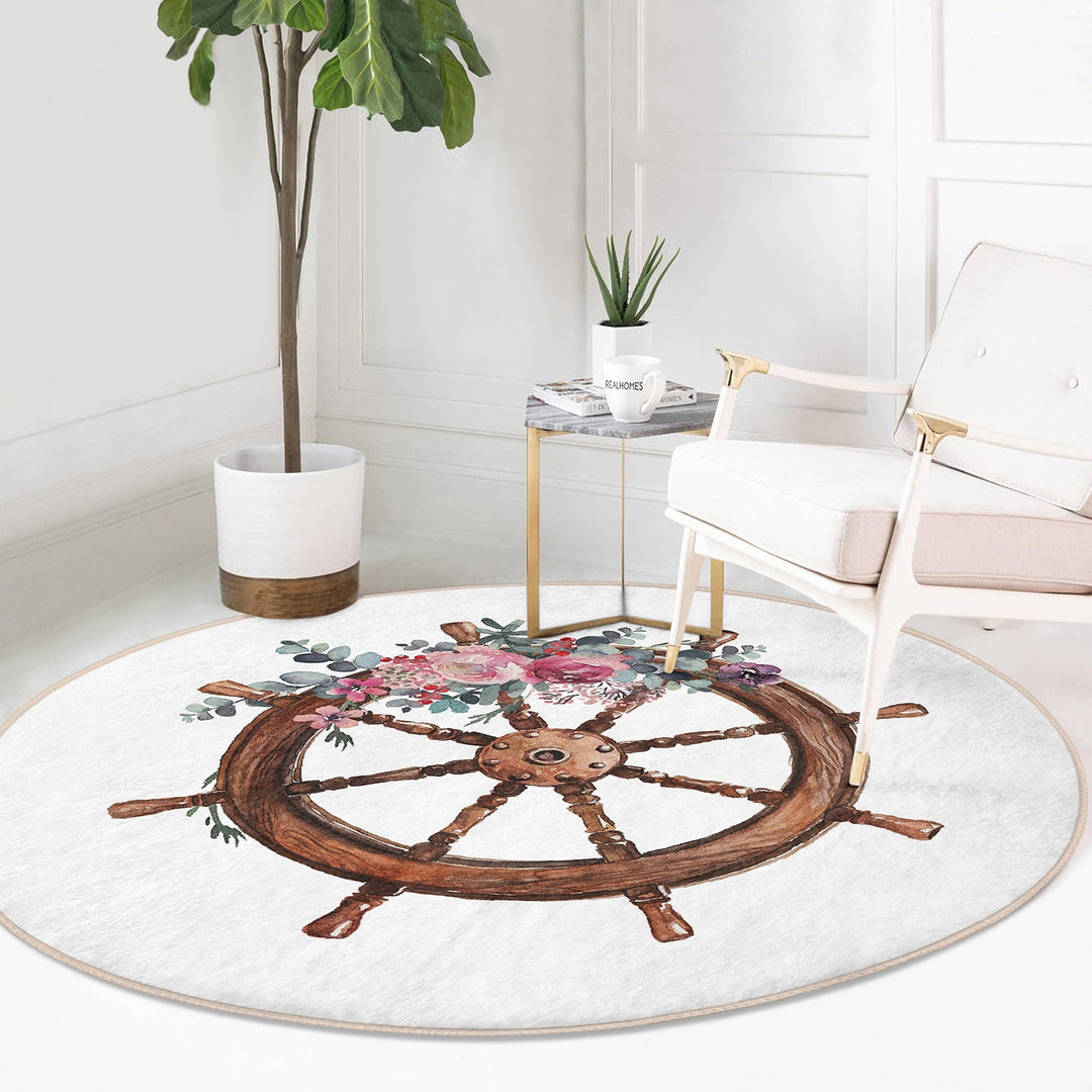 Nautical Round Rug|Non-Slip Round Carpet|Floral Navy Anchor and Wheel Print Circle Carpet|Decorative Beach House Area Rug|Coastal Home Decor