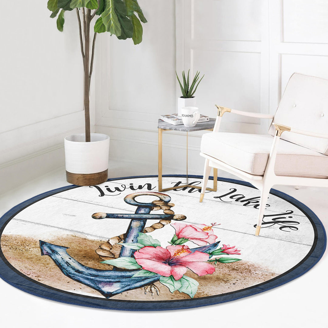 Nautical Round Rug|Non-Slip Round Carpet|Floral Navy Anchor and Wheel Print Circle Carpet|Decorative Beach House Area Rug|Coastal Home Decor