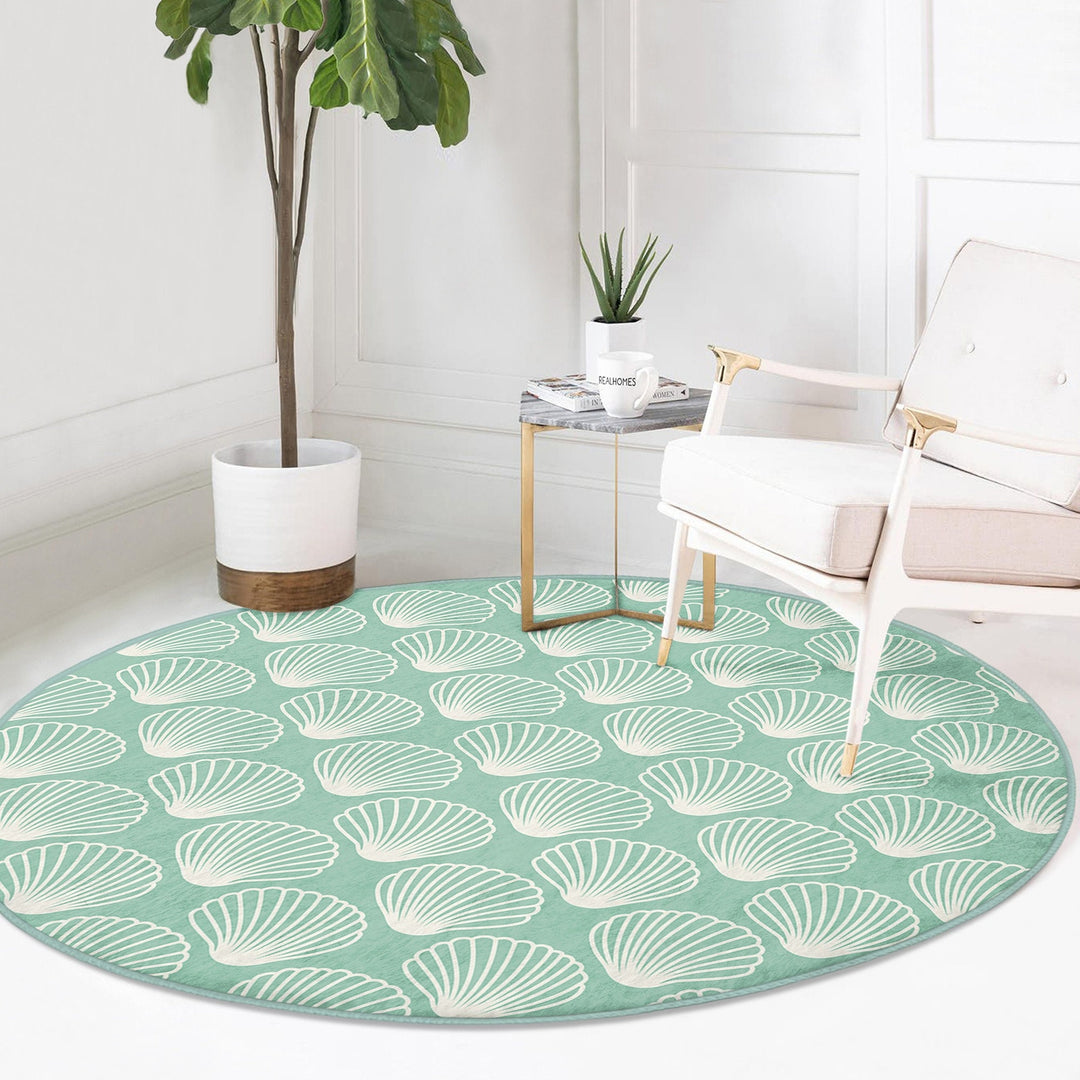 Beach House Round Rug|Non-Slip Round Carpet|Beige Turquoise Starfish Circle Carpet|Seaweed and Seashell Nautical Area Rug|Coastal Home Decor