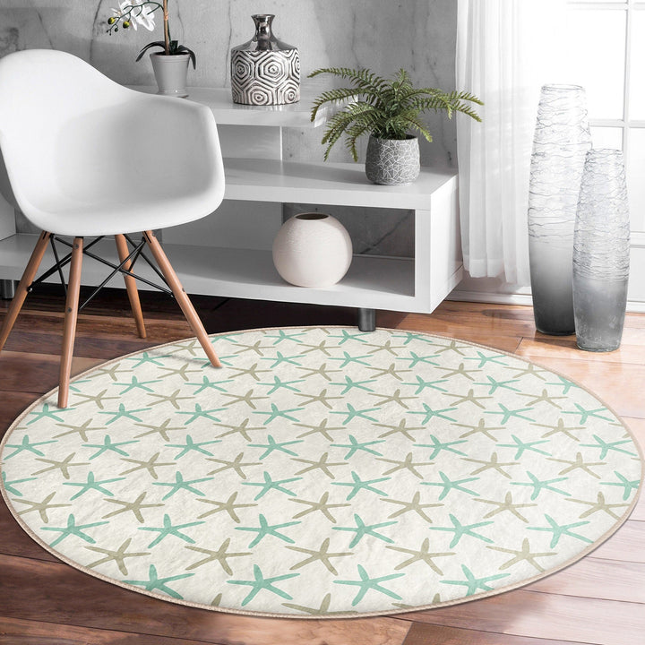 Beach House Round Rug|Non-Slip Round Carpet|Beige Turquoise Starfish Circle Carpet|Seaweed and Seashell Nautical Area Rug|Coastal Home Decor