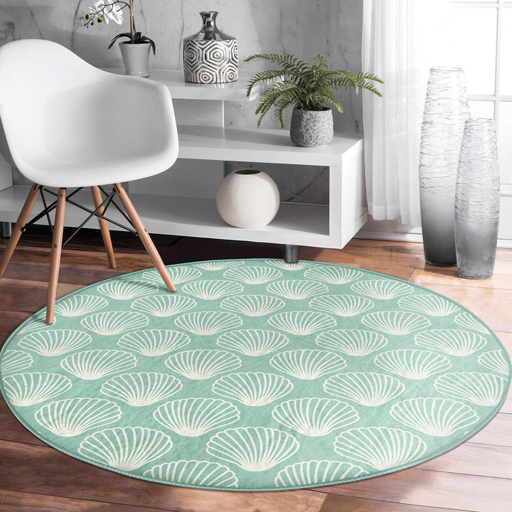 Beach House Round Rug|Non-Slip Round Carpet|Beige Turquoise Starfish Circle Carpet|Seaweed and Seashell Nautical Area Rug|Coastal Home Decor