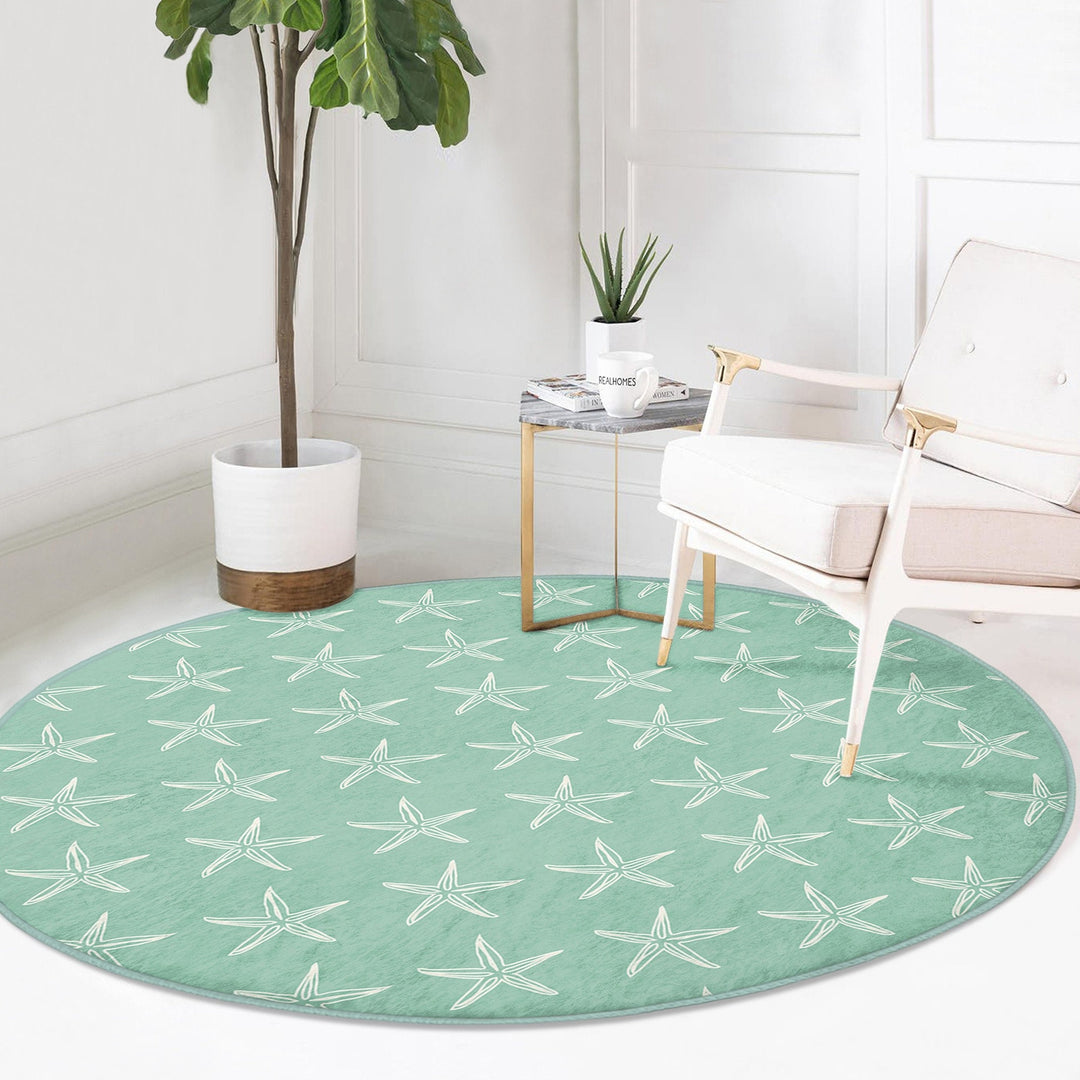 Beach House Round Rug|Non-Slip Round Carpet|Beige Turquoise Starfish Circle Carpet|Seaweed and Seashell Nautical Area Rug|Coastal Home Decor