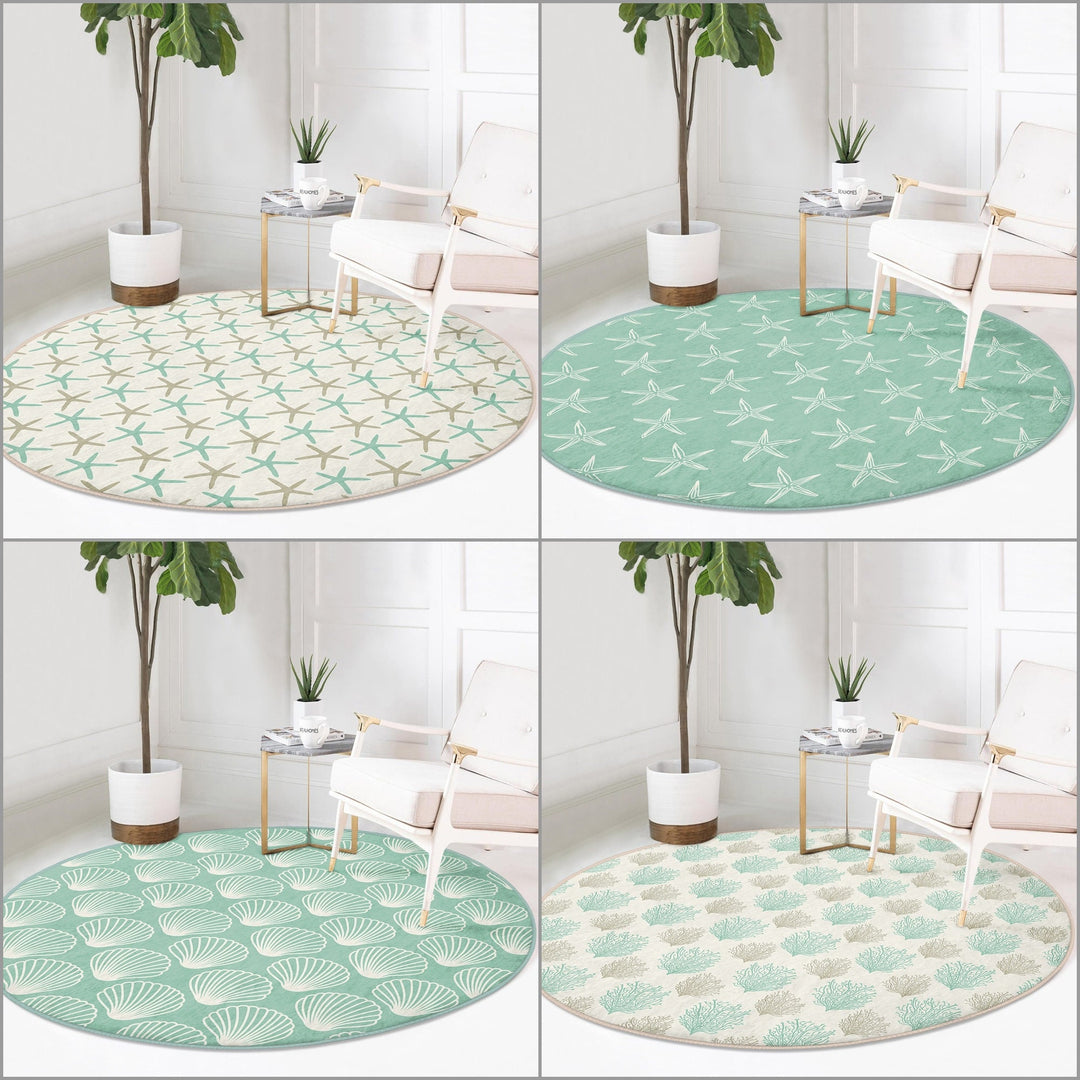 Beach House Round Rug|Non-Slip Round Carpet|Beige Turquoise Starfish Circle Carpet|Seaweed and Seashell Nautical Area Rug|Coastal Home Decor