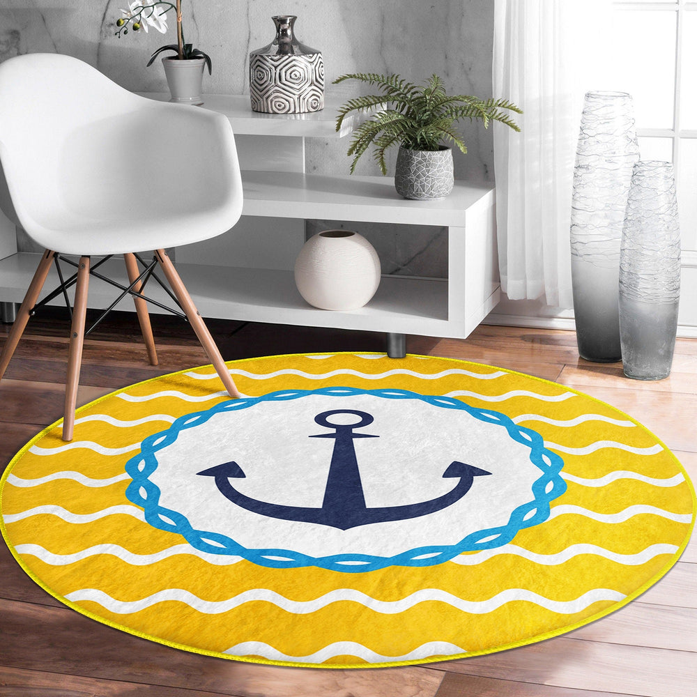 Nautical Round Rug|Non-Slip Round Carpet|Striped and Zigzag Navy Anchor Print Circle Carpet|Blue Yellow Beach House Rug|Coastal Home Decor