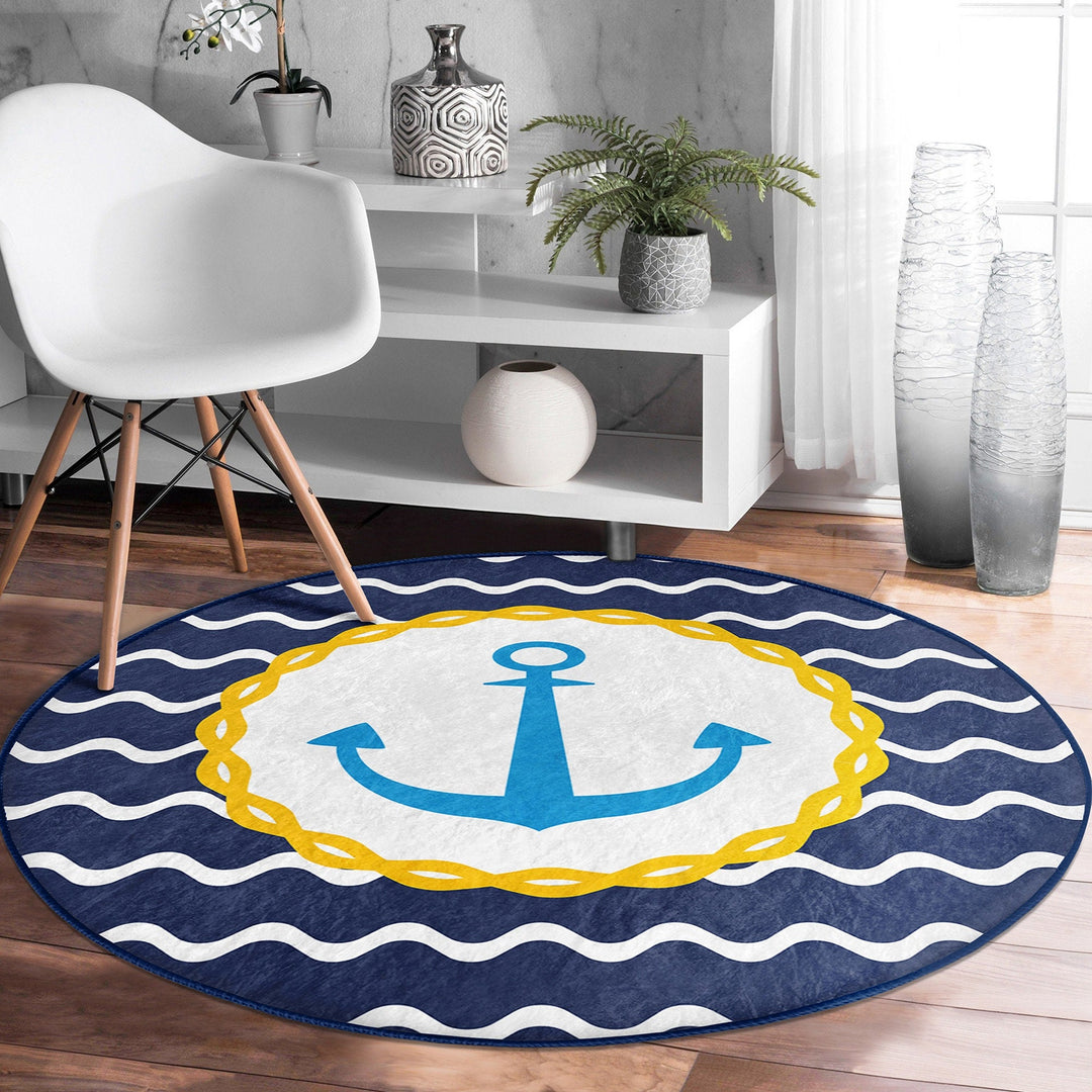 Nautical Round Rug|Non-Slip Round Carpet|Striped and Zigzag Navy Anchor Print Circle Carpet|Blue Yellow Beach House Rug|Coastal Home Decor