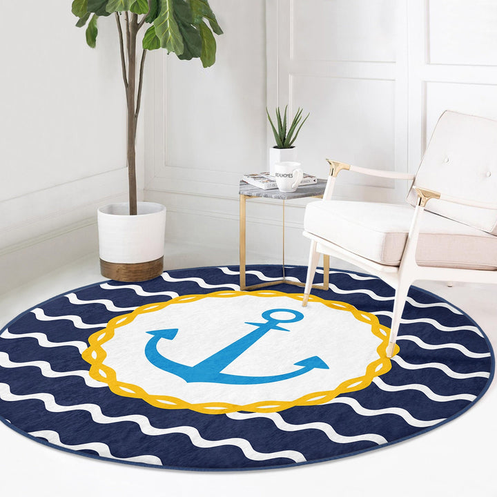 Nautical Round Rug|Non-Slip Round Carpet|Striped and Zigzag Navy Anchor Print Circle Carpet|Blue Yellow Beach House Rug|Coastal Home Decor