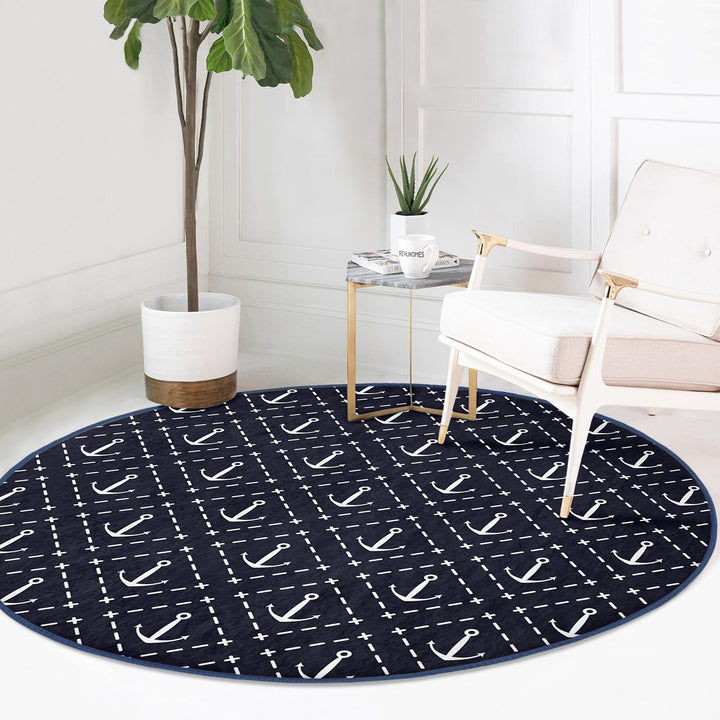 Nautical Round Rug|Non-Slip Round Carpet|Decorative Anchor Wheel and Sailor Rope Circle Carpet|Anchor and Heart Print Rug|Coastal Home Decor