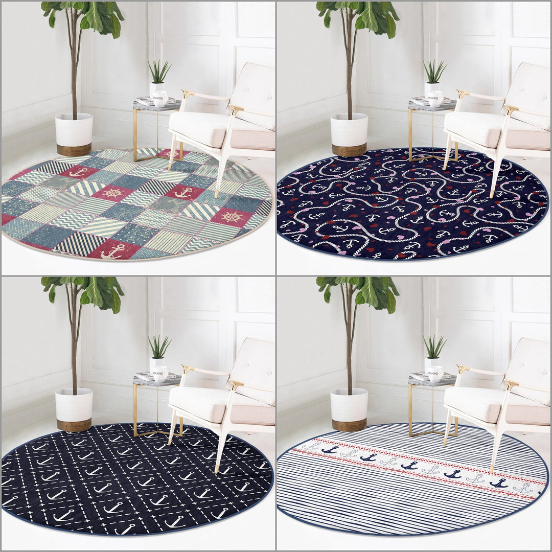 Nautical Round Rug|Non-Slip Round Carpet|Decorative Anchor Wheel and Sailor Rope Circle Carpet|Anchor and Heart Print Rug|Coastal Home Decor