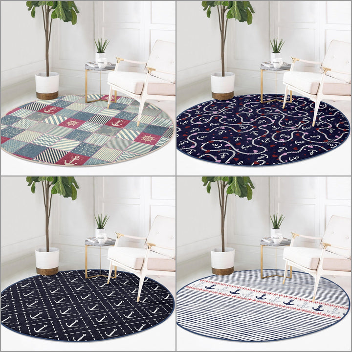 Nautical Round Rug|Non-Slip Round Carpet|Decorative Anchor Wheel and Sailor Rope Circle Carpet|Anchor and Heart Print Rug|Coastal Home Decor