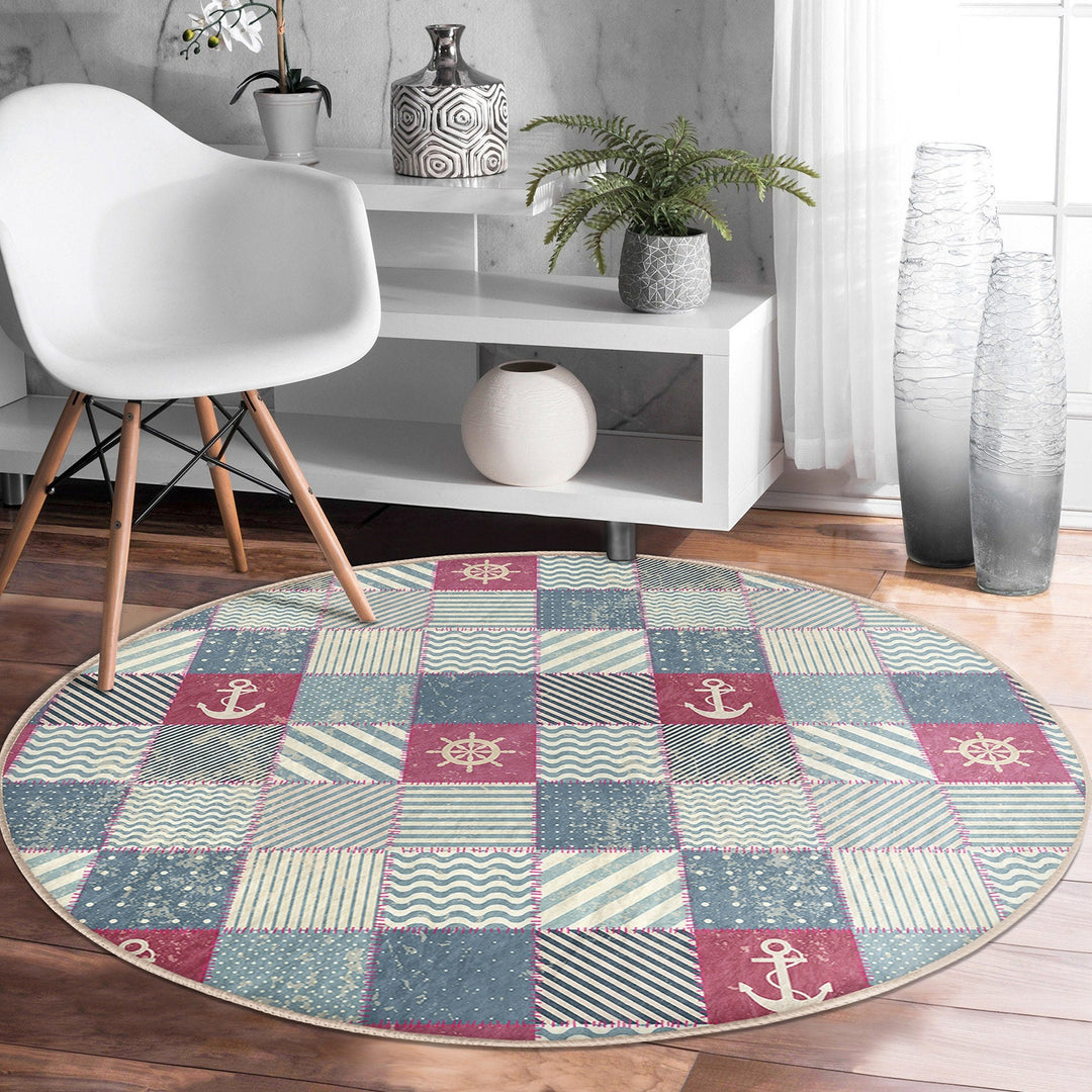 Nautical Round Rug|Non-Slip Round Carpet|Decorative Anchor Wheel and Sailor Rope Circle Carpet|Anchor and Heart Print Rug|Coastal Home Decor