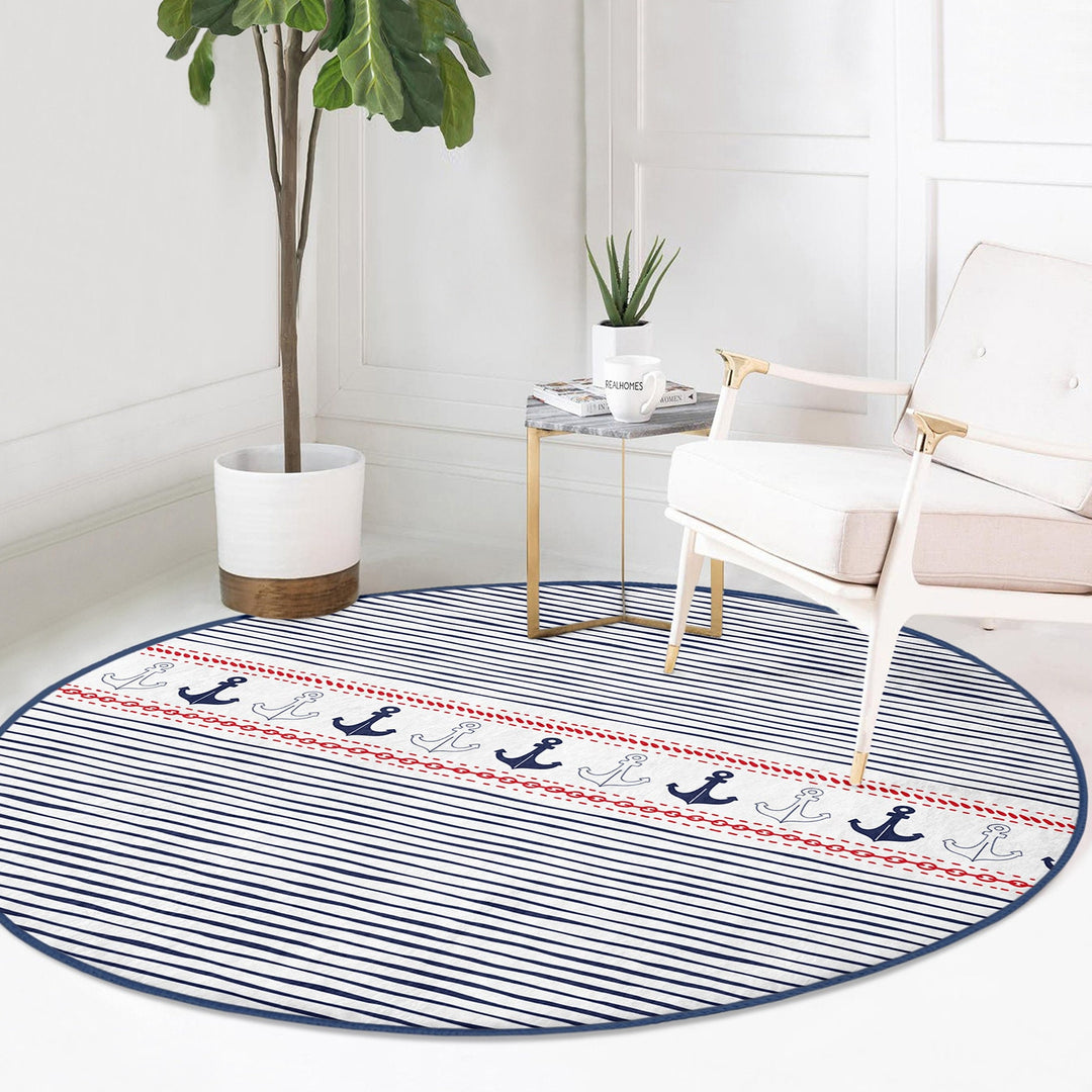 Nautical Round Rug|Non-Slip Round Carpet|Decorative Anchor Wheel and Sailor Rope Circle Carpet|Anchor and Heart Print Rug|Coastal Home Decor