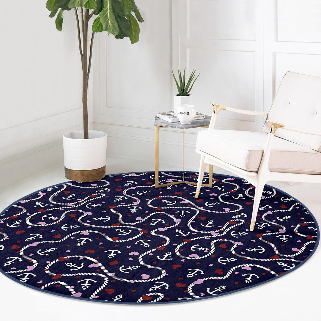 Nautical Round Rug|Non-Slip Round Carpet|Decorative Anchor Wheel and Sailor Rope Circle Carpet|Anchor and Heart Print Rug|Coastal Home Decor