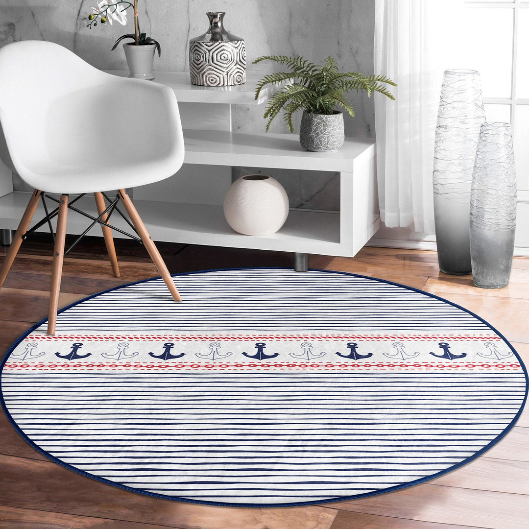 Nautical Round Rug|Non-Slip Round Carpet|Decorative Anchor Wheel and Sailor Rope Circle Carpet|Anchor and Heart Print Rug|Coastal Home Decor