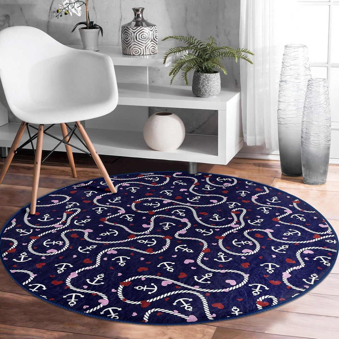 Nautical Round Rug|Non-Slip Round Carpet|Decorative Anchor Wheel and Sailor Rope Circle Carpet|Anchor and Heart Print Rug|Coastal Home Decor