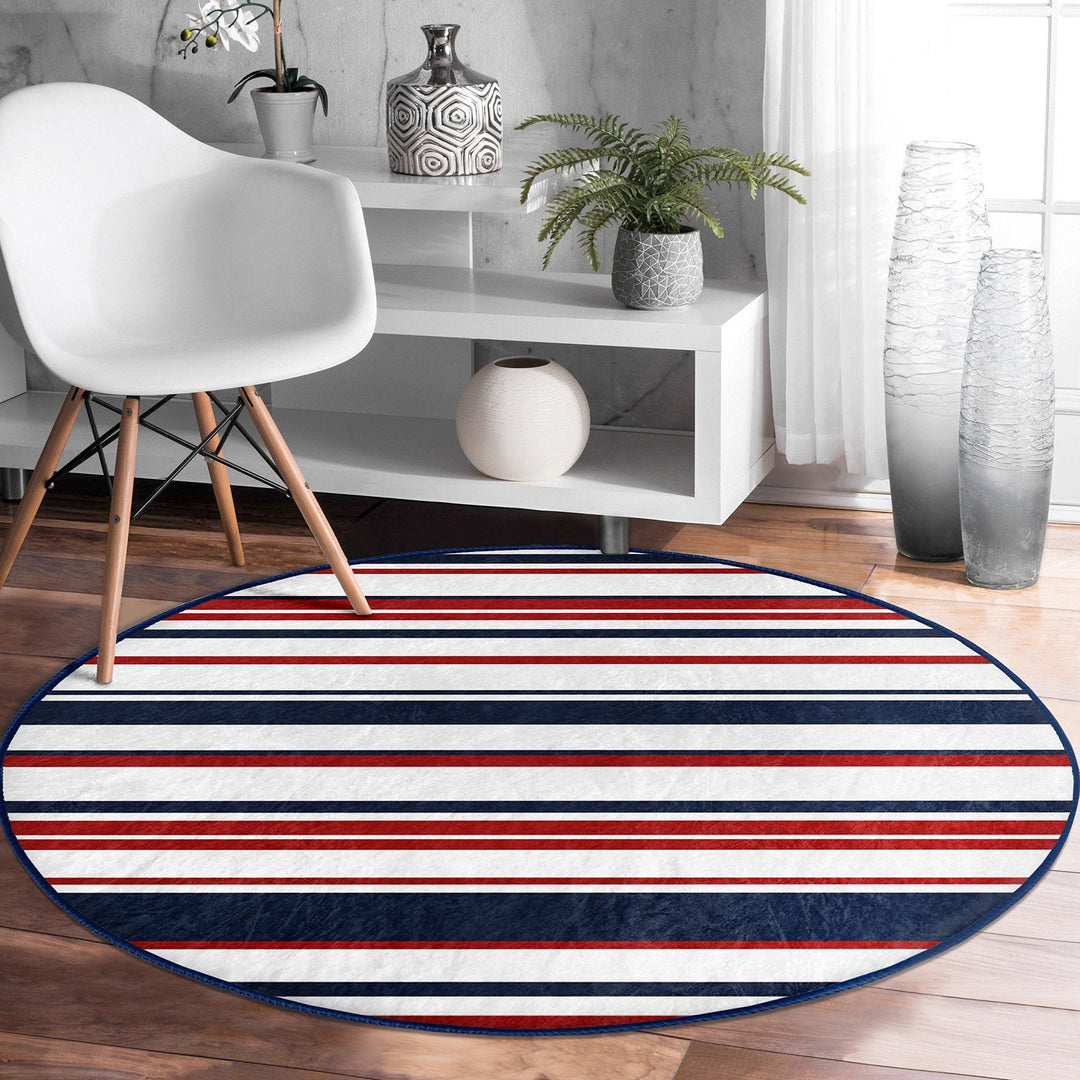 Nautical Round Rug|Non-Slip Round Carpet|Striped Wheel Anchor and Life Saver Print Circle Carpet|Dolphin Crab Seashell Rug|Coastal Decor