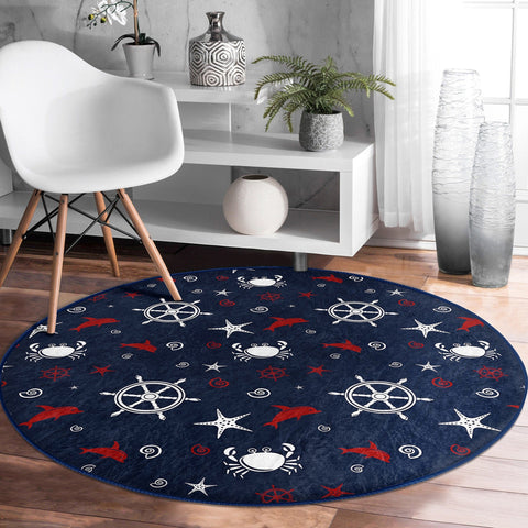 Nautical Round Rug|Non-Slip Round Carpet|Striped Wheel Anchor and Life Saver Print Circle Carpet|Dolphin Crab Seashell Rug|Coastal Decor