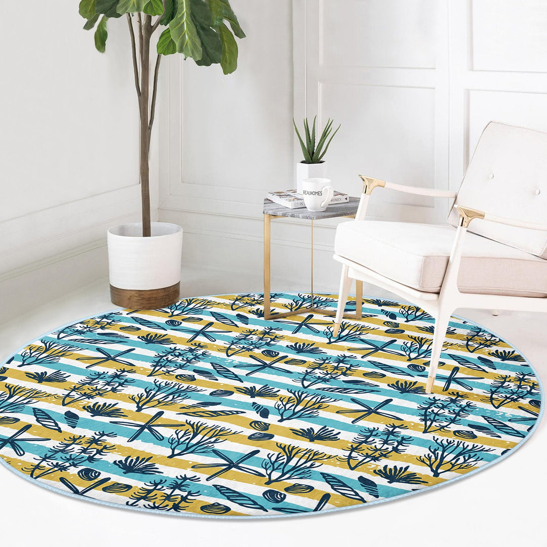 Beach House Round Rug|Non-Slip Round Carpet|Blue Yellow Seaweed and Seashell Circle Carpet|Starfish Print Nautical Rug|Coastal Home Decor