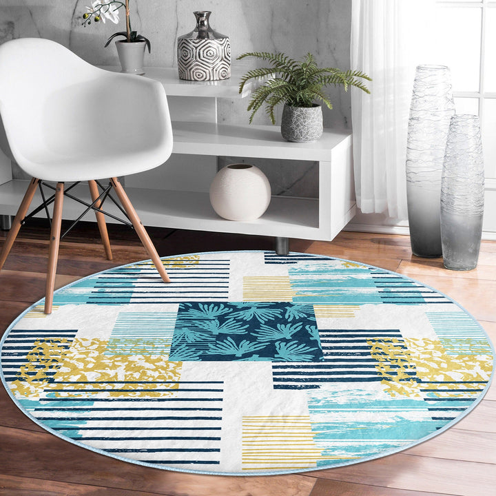 Beach House Round Rug|Non-Slip Round Carpet|Blue Yellow Seaweed and Seashell Circle Carpet|Starfish Print Nautical Rug|Coastal Home Decor