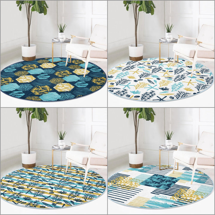 Beach House Round Rug|Non-Slip Round Carpet|Blue Yellow Seaweed and Seashell Circle Carpet|Starfish Print Nautical Rug|Coastal Home Decor