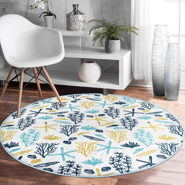 Beach House Round Rug|Non-Slip Round Carpet|Blue Yellow Seaweed and Seashell Circle Carpet|Starfish Print Nautical Rug|Coastal Home Decor