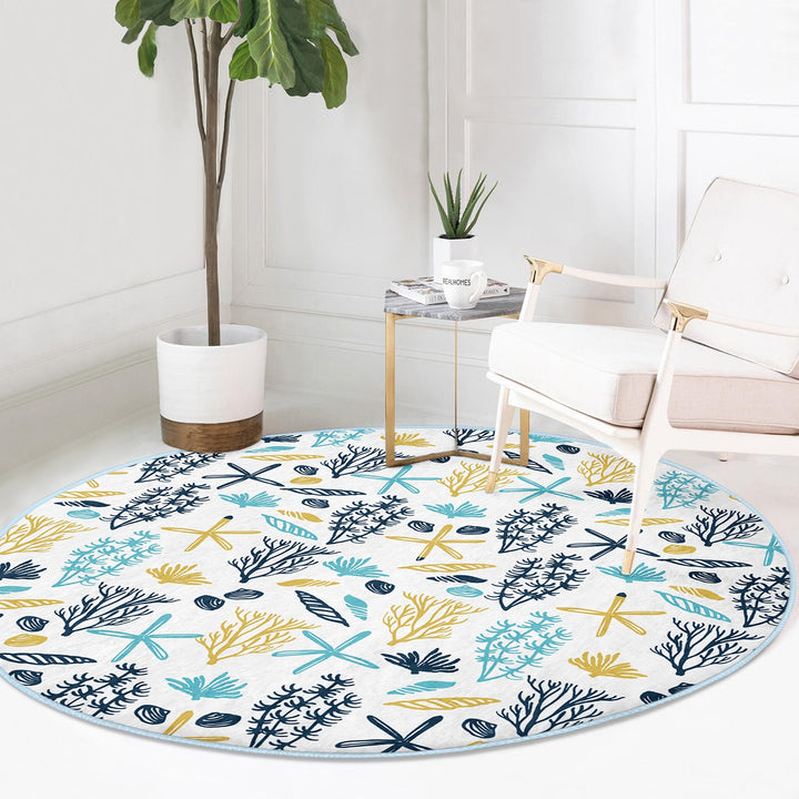 Beach House Round Rug|Non-Slip Round Carpet|Blue Yellow Seaweed and Seashell Circle Carpet|Starfish Print Nautical Rug|Coastal Home Decor