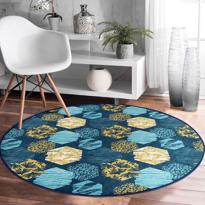 Beach House Round Rug|Non-Slip Round Carpet|Blue Yellow Seaweed and Seashell Circle Carpet|Starfish Print Nautical Rug|Coastal Home Decor