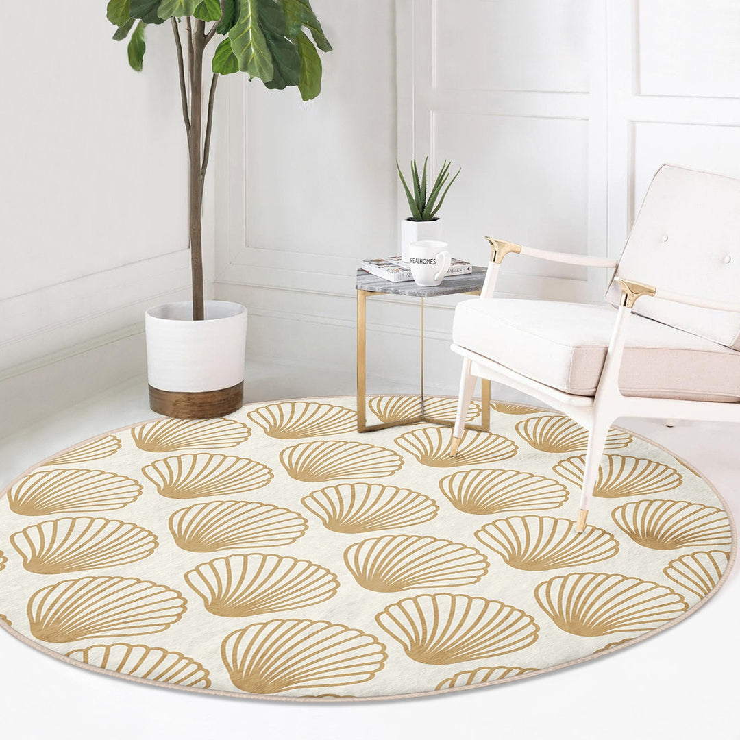 Beach House Round Rug|Non-Slip Round Carpet|Beige Turquoise Starfish Circle Carpet|Seaweed and Seashell Nautical Area Rug|Coastal Home Decor