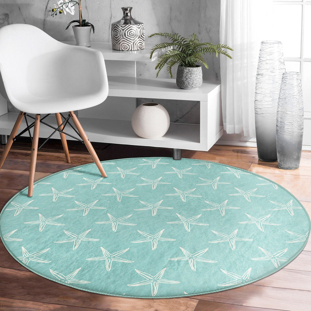 Beach House Round Rug|Non-Slip Round Carpet|Beige Turquoise Starfish Circle Carpet|Seaweed and Seashell Nautical Area Rug|Coastal Home Decor