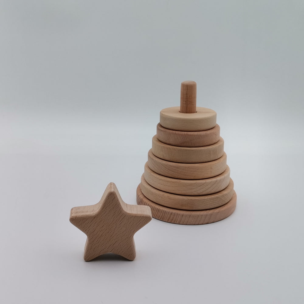 Wooden Sorting and Stacking Tower with Star|Toddler Educational Pyramid Toy|Ring Stacker Safe Toy|Birthday Gift For Kids|Natural Beech Wood