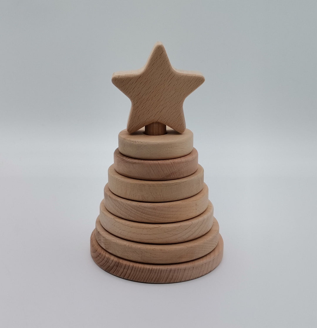 Wooden Sorting and Stacking Tower with Star|Toddler Educational Pyramid Toy|Ring Stacker Safe Toy|Birthday Gift For Kids|Natural Beech Wood