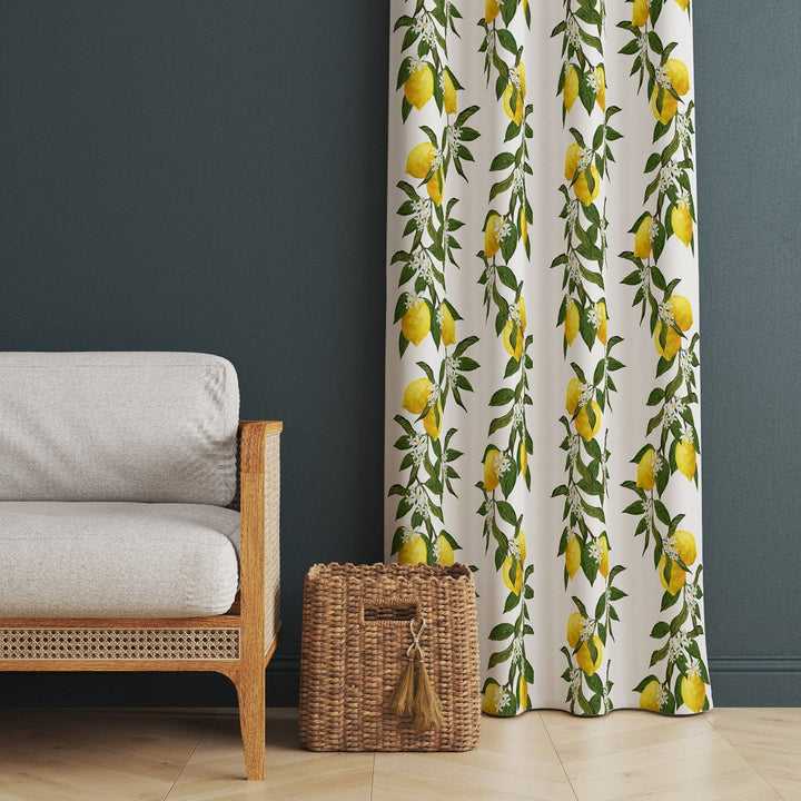 Floral Lemon Curtain|Thermal Insulated Fresh Citrus Window Treatment|Yellow Green Home Decor|Lemon Window Decor|Modern Living Room Curtain