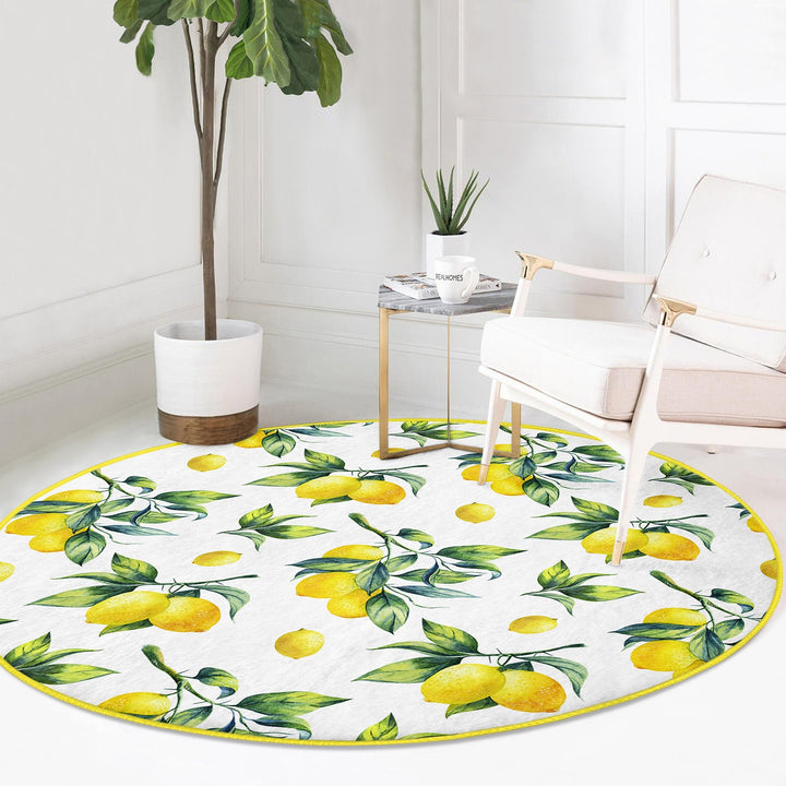 Lemon Round Rug|Non-Slip Round Carpet|Farmhouse Fresh Citrus Circle Rug|Floral Lemon with Green Leaves Area Rug|Housewarming Home Decor