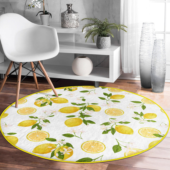 Lemon Round Rug|Non-Slip Round Carpet|Farmhouse Fresh Citrus Circle Rug|Floral Lemon with Green Leaves Area Rug|Housewarming Home Decor