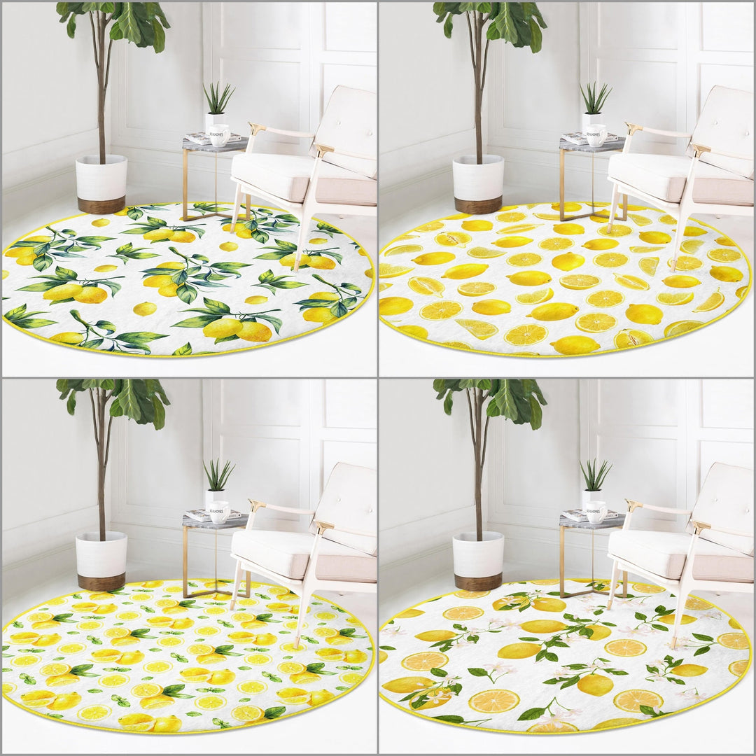 Lemon Round Rug|Non-Slip Round Carpet|Farmhouse Fresh Citrus Circle Rug|Floral Lemon with Green Leaves Area Rug|Housewarming Home Decor