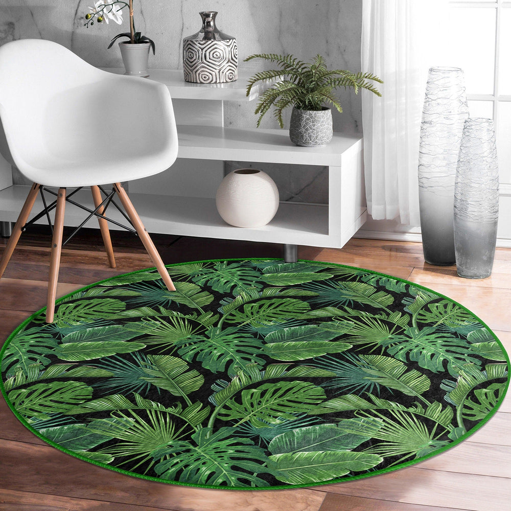 Tropical Plants Round Rug|Non-Slip Round Carpet|Farmhouse Green Leaves Circle Rug|Decorative Area Rug|Housewarming Green Black Floor Decor