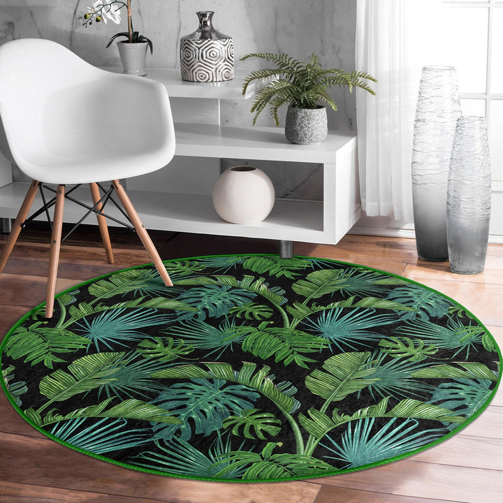 Tropical Plants Round Rug|Non-Slip Round Carpet|Farmhouse Green Leaves Circle Rug|Decorative Area Rug|Housewarming Green Black Floor Decor