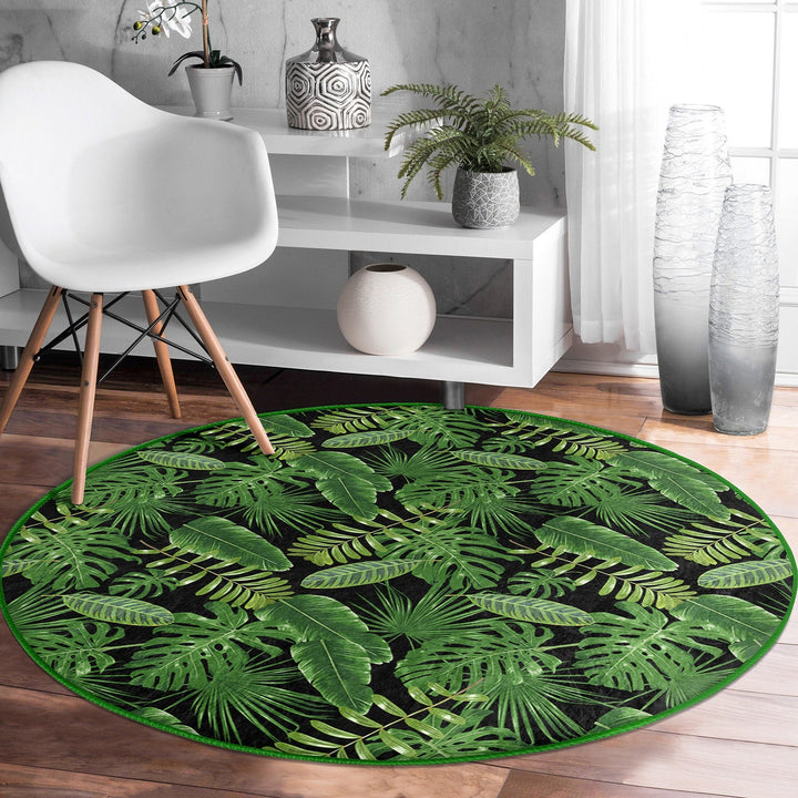 Tropical Plants Round Rug|Non-Slip Round Carpet|Farmhouse Green Leaves Circle Rug|Decorative Area Rug|Housewarming Green Black Floor Decor