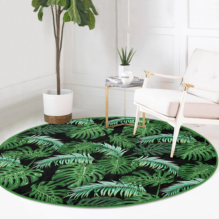 Tropical Plants Round Rug|Non-Slip Round Carpet|Farmhouse Green Leaves Circle Rug|Decorative Area Rug|Housewarming Green Black Floor Decor