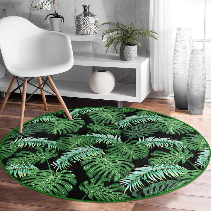 Tropical Plants Round Rug|Non-Slip Round Carpet|Farmhouse Green Leaves Circle Rug|Decorative Area Rug|Housewarming Green Black Floor Decor