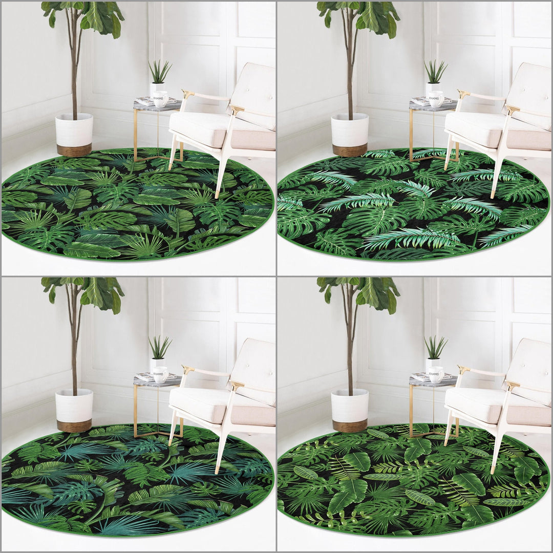 Tropical Plants Round Rug|Non-Slip Round Carpet|Farmhouse Green Leaves Circle Rug|Decorative Area Rug|Housewarming Green Black Floor Decor