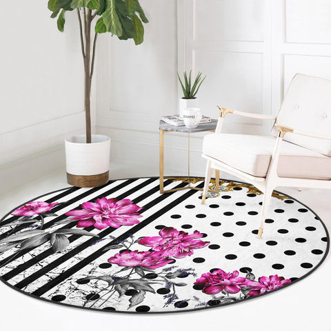 Floral Round Rug|Non-Slip Round Carpet|Flowers on Geometric Pattern Circle Carpet|Decorative Farmhouse Area Rug|Housewarming Floor Decor