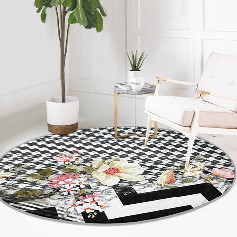 Floral Round Rug|Non-Slip Round Carpet|Flowers on Geometric Pattern Circle Carpet|Decorative Farmhouse Area Rug|Housewarming Floor Decor