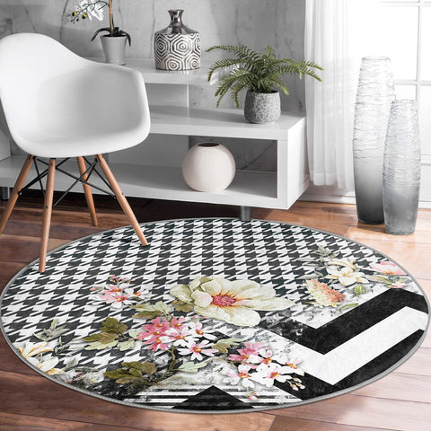 Floral Round Rug|Non-Slip Round Carpet|Flowers on Geometric Pattern Circle Carpet|Decorative Farmhouse Area Rug|Housewarming Floor Decor