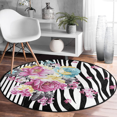 Floral Round Rug|Non-Slip Round Carpet|Flowers on Geometric Pattern Circle Carpet|Decorative Farmhouse Area Rug|Housewarming Floor Decor