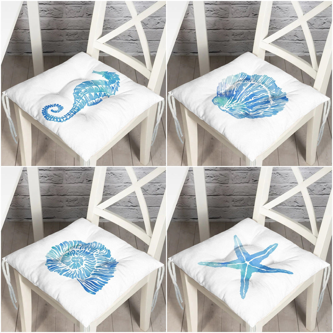 Puffy Chair Cushion|Nautical Seahorse Coral Seat Pad with Ties|Summer Trend Seashell Starfish Soft Chair Pad|Coastal Outdoor Seat Cushion