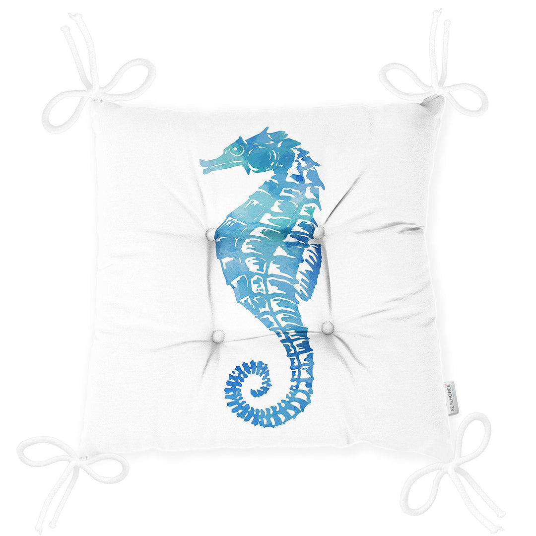 Puffy Chair Cushion|Nautical Seahorse Coral Seat Pad with Ties|Summer Trend Seashell Starfish Soft Chair Pad|Coastal Outdoor Seat Cushion