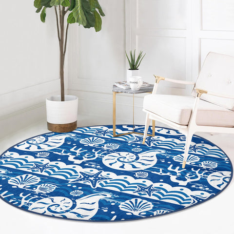 Nautical Round Rug|Non-Slip Round Carpet|Sailing Boat and Lighthouse Print Circle Carpet|Navy Wheel and Seashell Area Rug|Coastal Home Decor