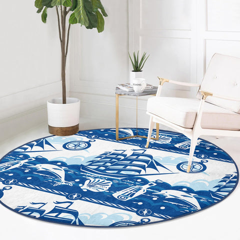 Nautical Round Rug|Non-Slip Round Carpet|Sailing Boat and Lighthouse Print Circle Carpet|Navy Wheel and Seashell Area Rug|Coastal Home Decor