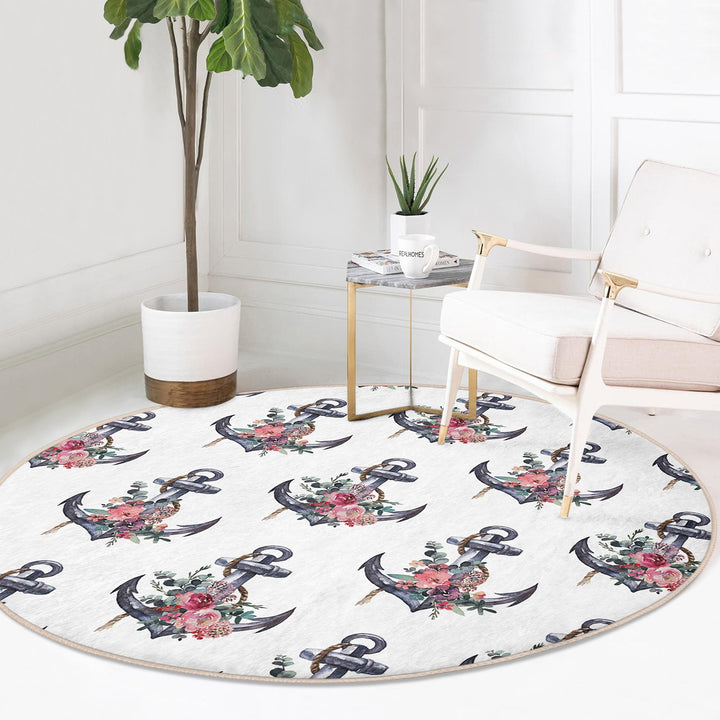 Nautical Round Rug|Non-Slip Round Carpet|Floral Navy Anchor and Wheel Print Circle Carpet|Decorative Beach House Area Rug|Coastal Home Decor