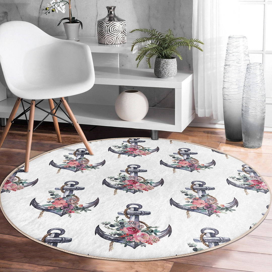 Nautical Round Rug|Non-Slip Round Carpet|Floral Navy Anchor and Wheel Print Circle Carpet|Decorative Beach House Area Rug|Coastal Home Decor